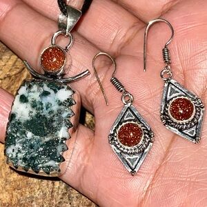 Tree Agate & Sandstone Pendant & Earrings Set
